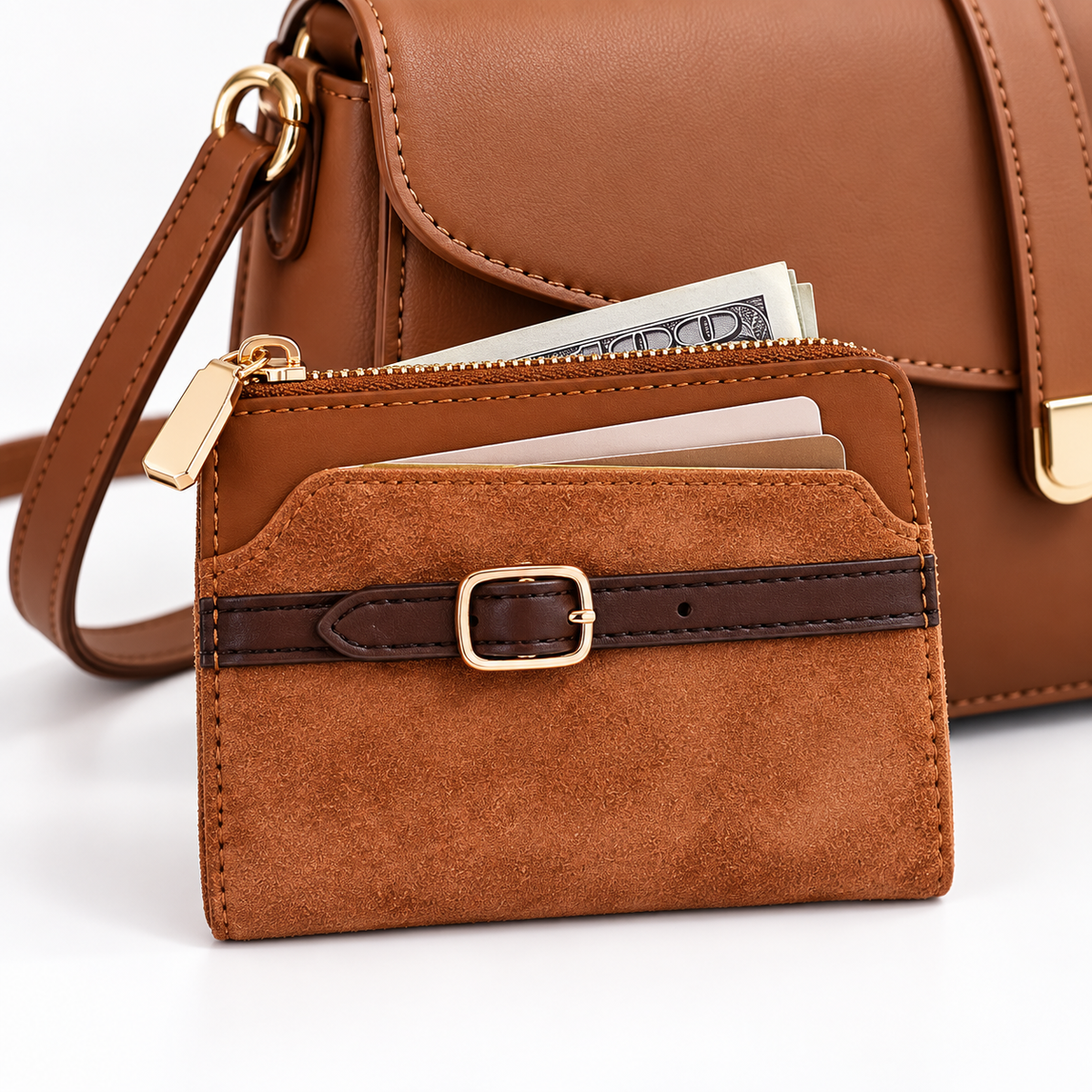 Compact Suede-Effect Bifold Wallet with Decorative Buckle and Zip Coin Pocket LoungeYard — product view 1
