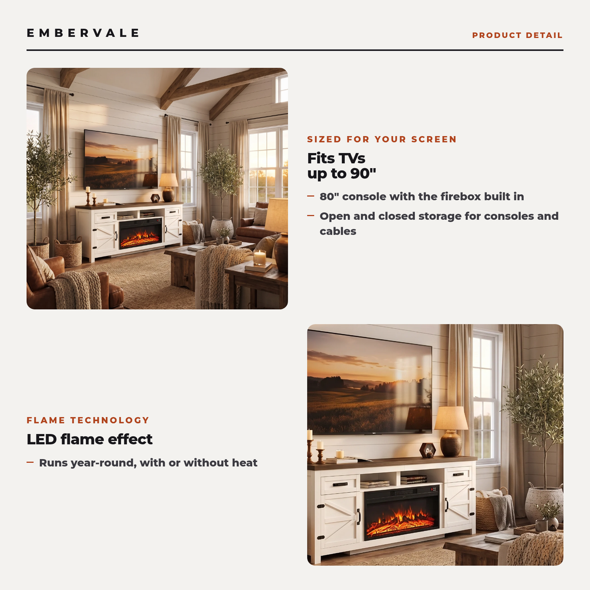 80 Inch Farmhouse Fireplace TV Stand with Barn Doors for TVs up to 90 Inch, Electric Fireplace Entertainment Center with Storage Cabinets, White — product view 3