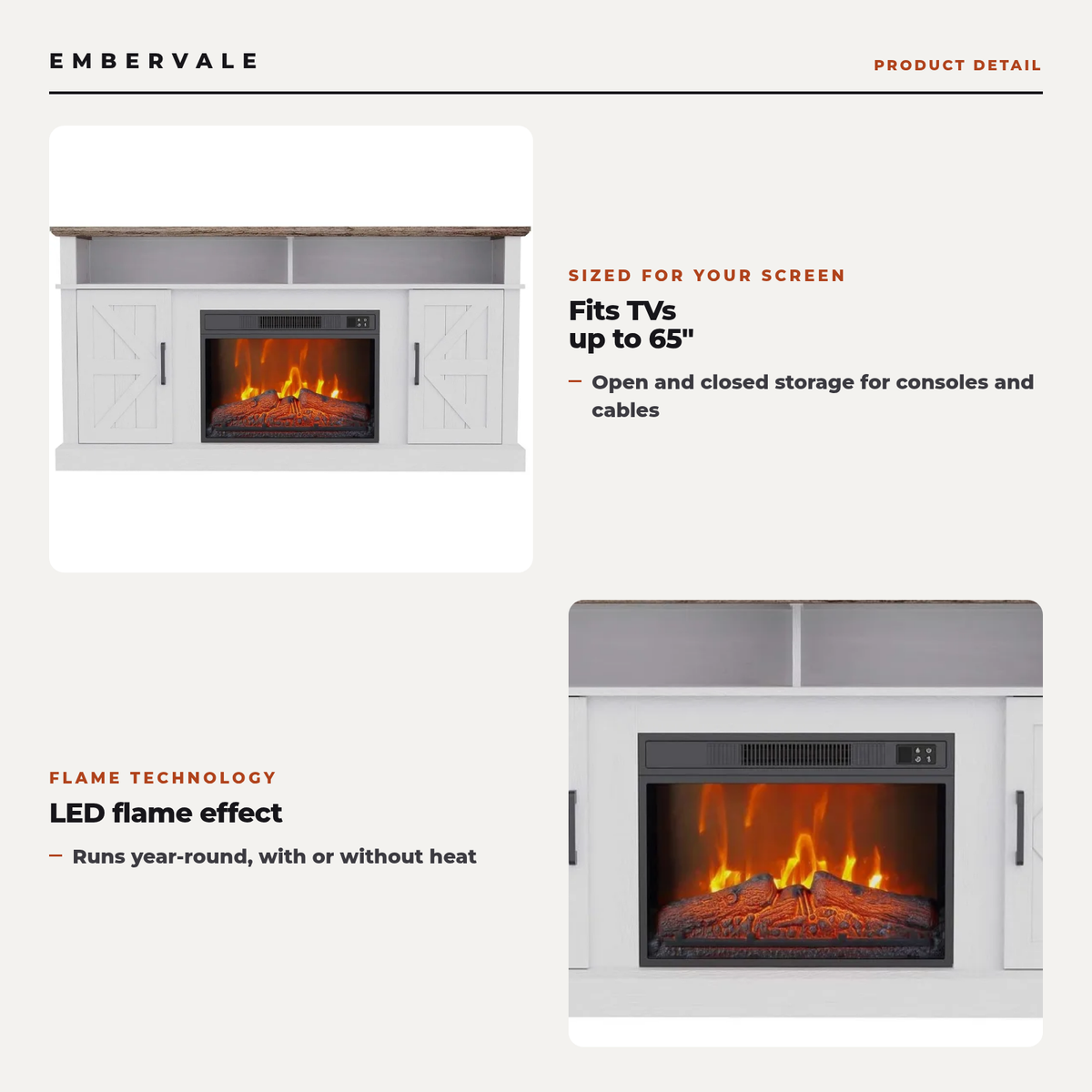 Electric Fireplace TV Stand for TVs up to 65 Inch, Modern Media Console Entertainment Center, Storage Cabinets for Living Rooms — product view 2