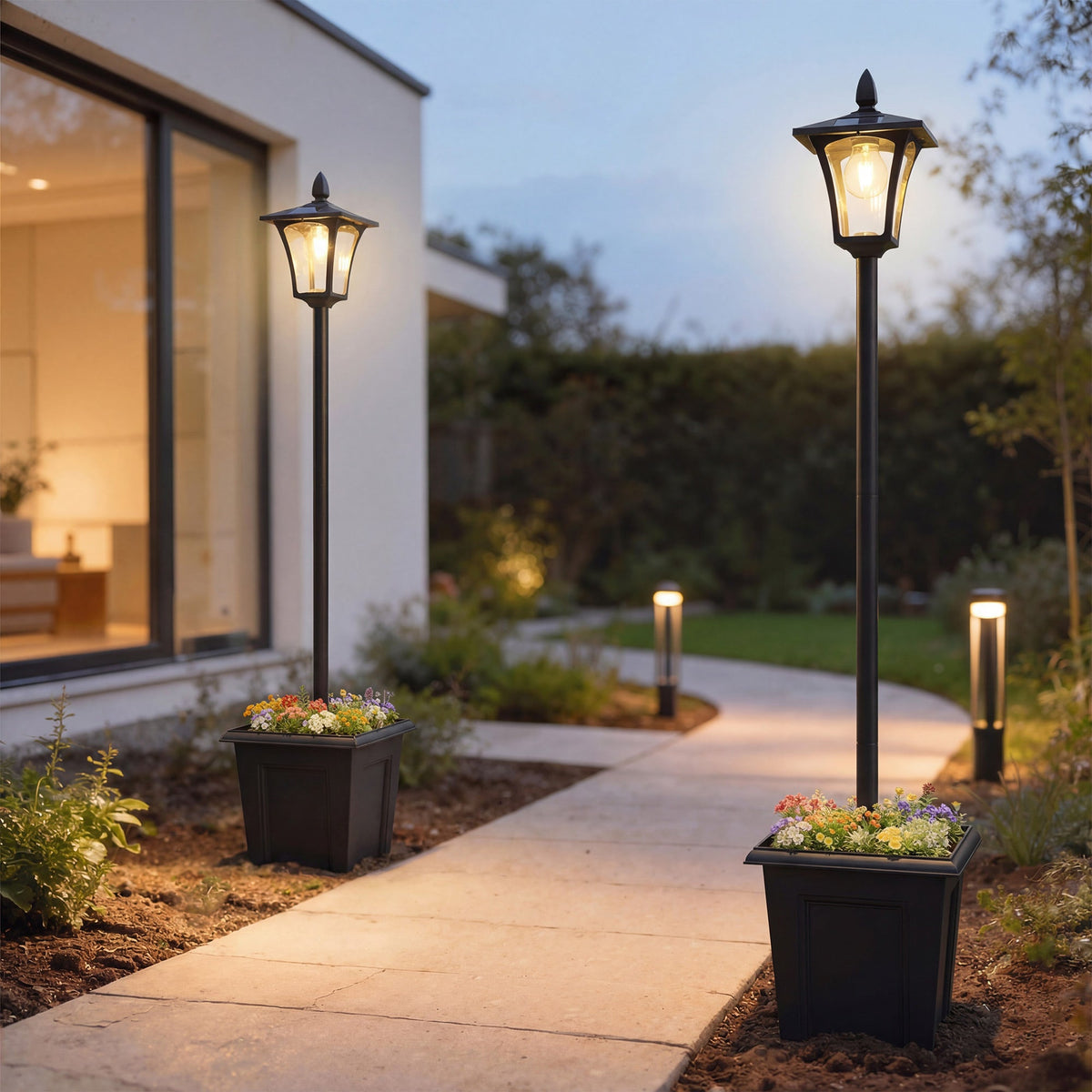 63" Solar Lamp Post Lights 2 Pack with Planter, Waterproof LED, Black — product view 4
