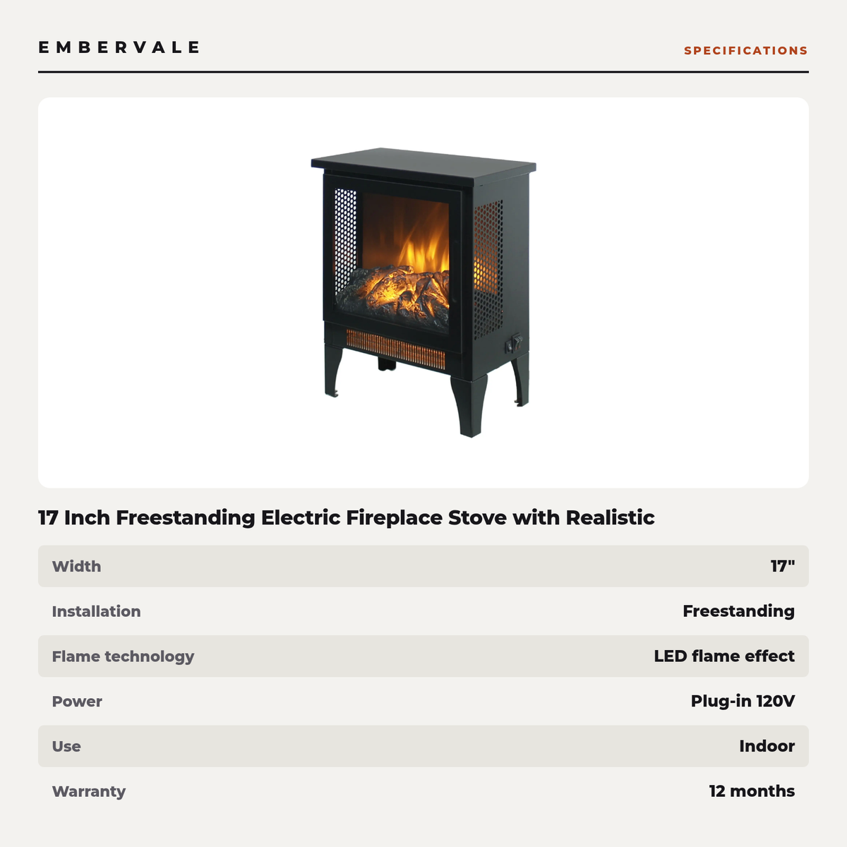 17 Inch Freestanding Electric Fireplace Stove with Realistic 3D Flame, Compact Portable Stove Heater — product view 3