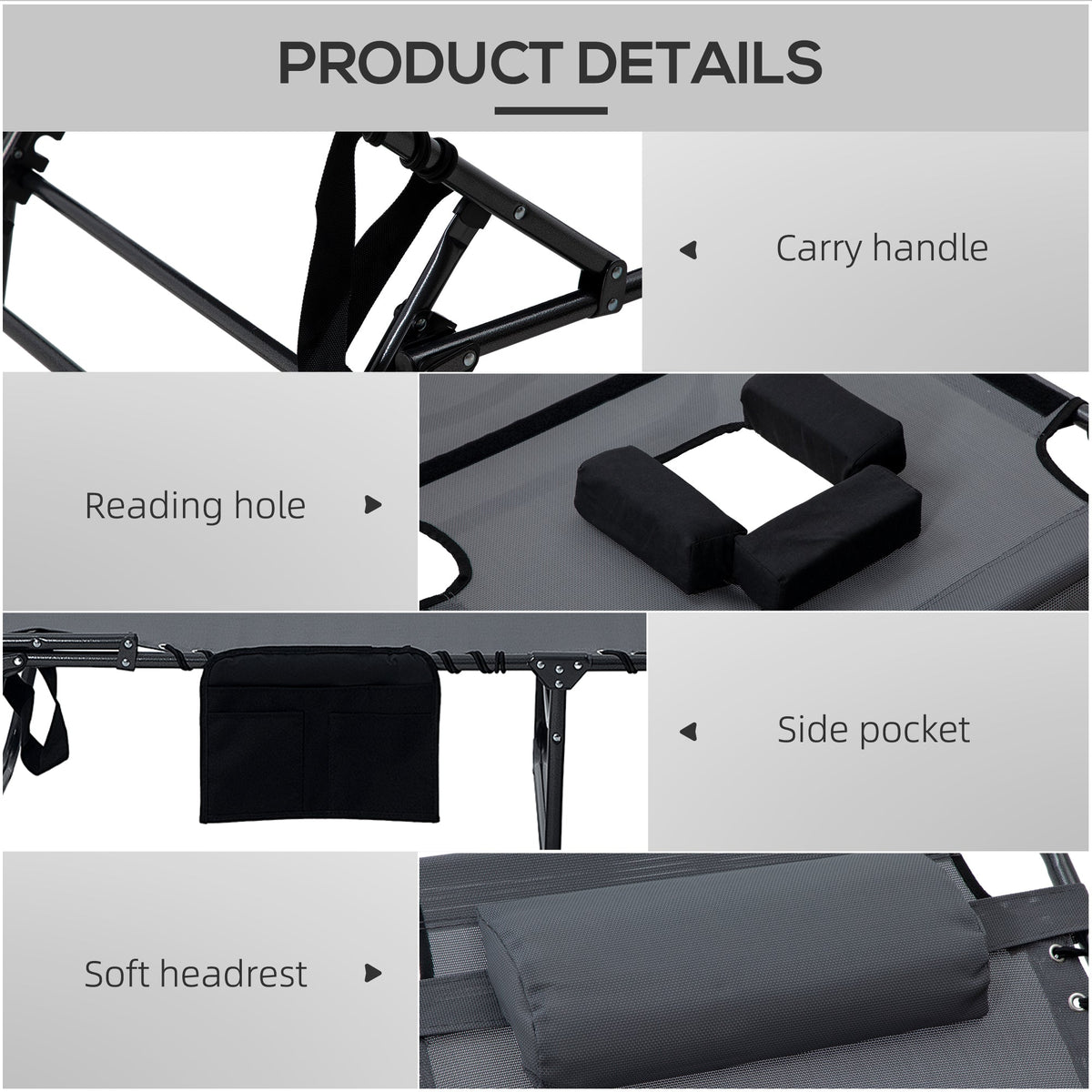 2-Piece Folding Chaise Lounge with Face Hole, Gray — product view 7
