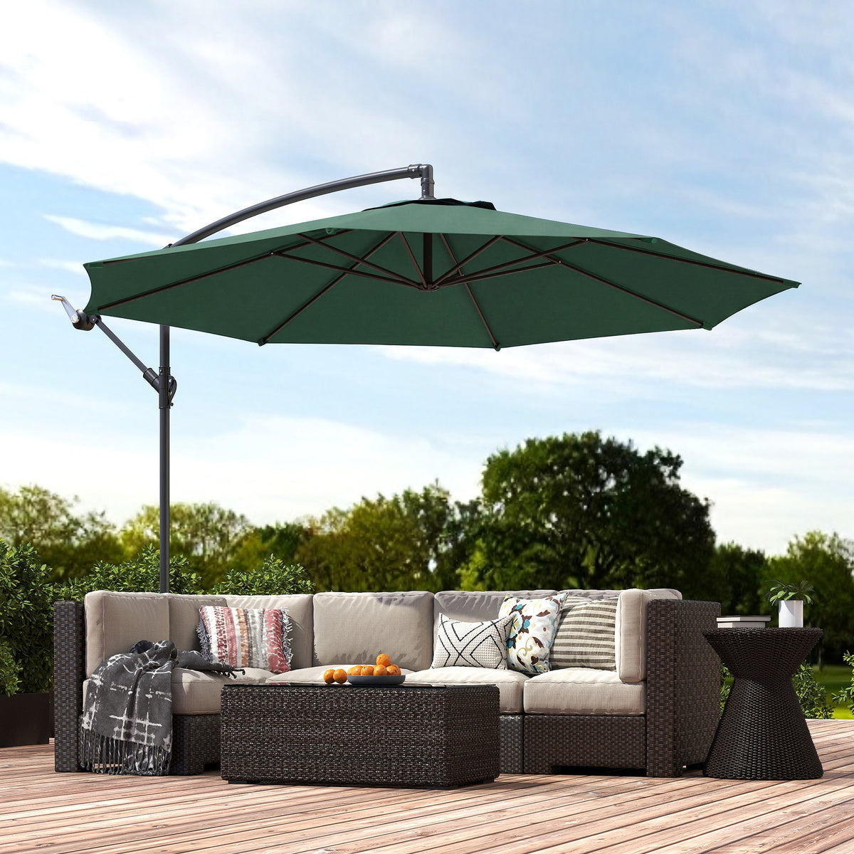 3 m Banana Parasol with Crank Handle, 8 Ribs & Cross Base, Dark Green — product view 3