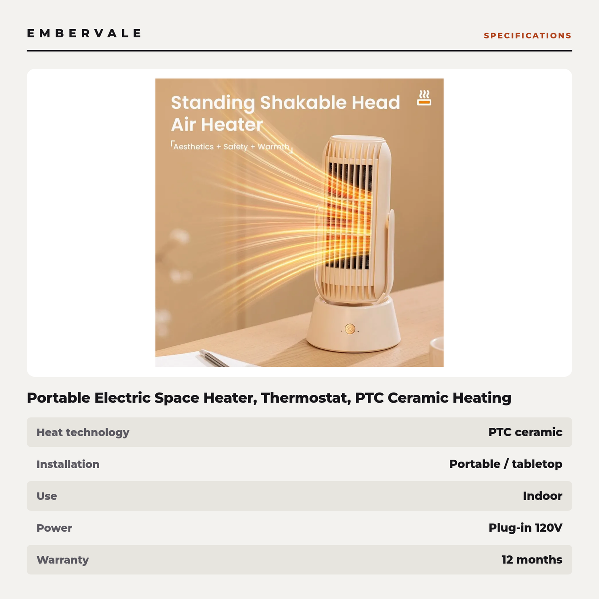 Portable Electric Space Heater, Thermostat, PTC Ceramic Heating, Overheat Protection for Desks, Bedrooms and Home Offices — product view 4