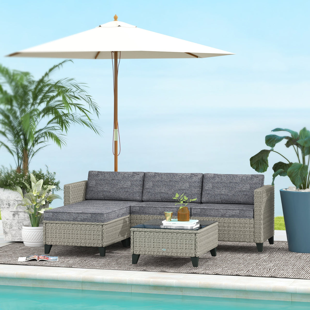 5 Piece PE Rattan Garden Furniture Set with Corner Sofa & Glass Table, Dark Grey — product view 4