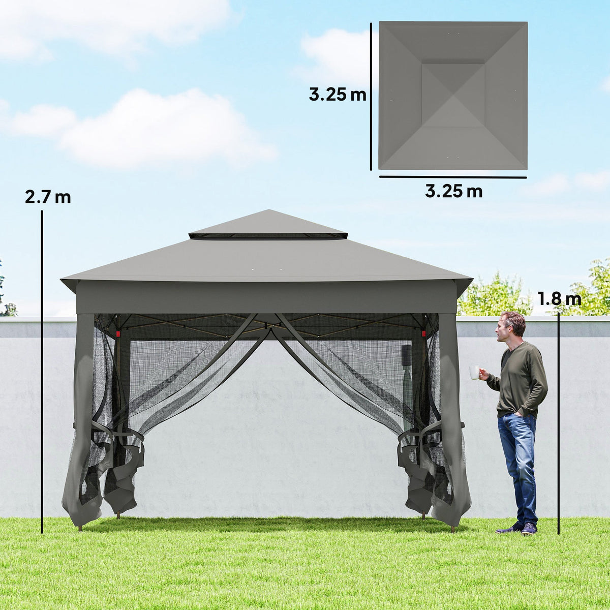 3 x 3m Pop Up Gazebo with Double Roof, Netting & Carry Bag, Dark Grey — product view 5