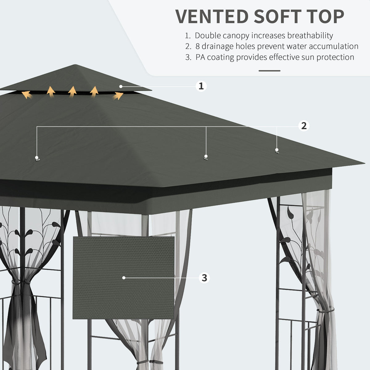 3 x 3m Garden Gazebo with Double Roof & Netting, Grey — product view 6