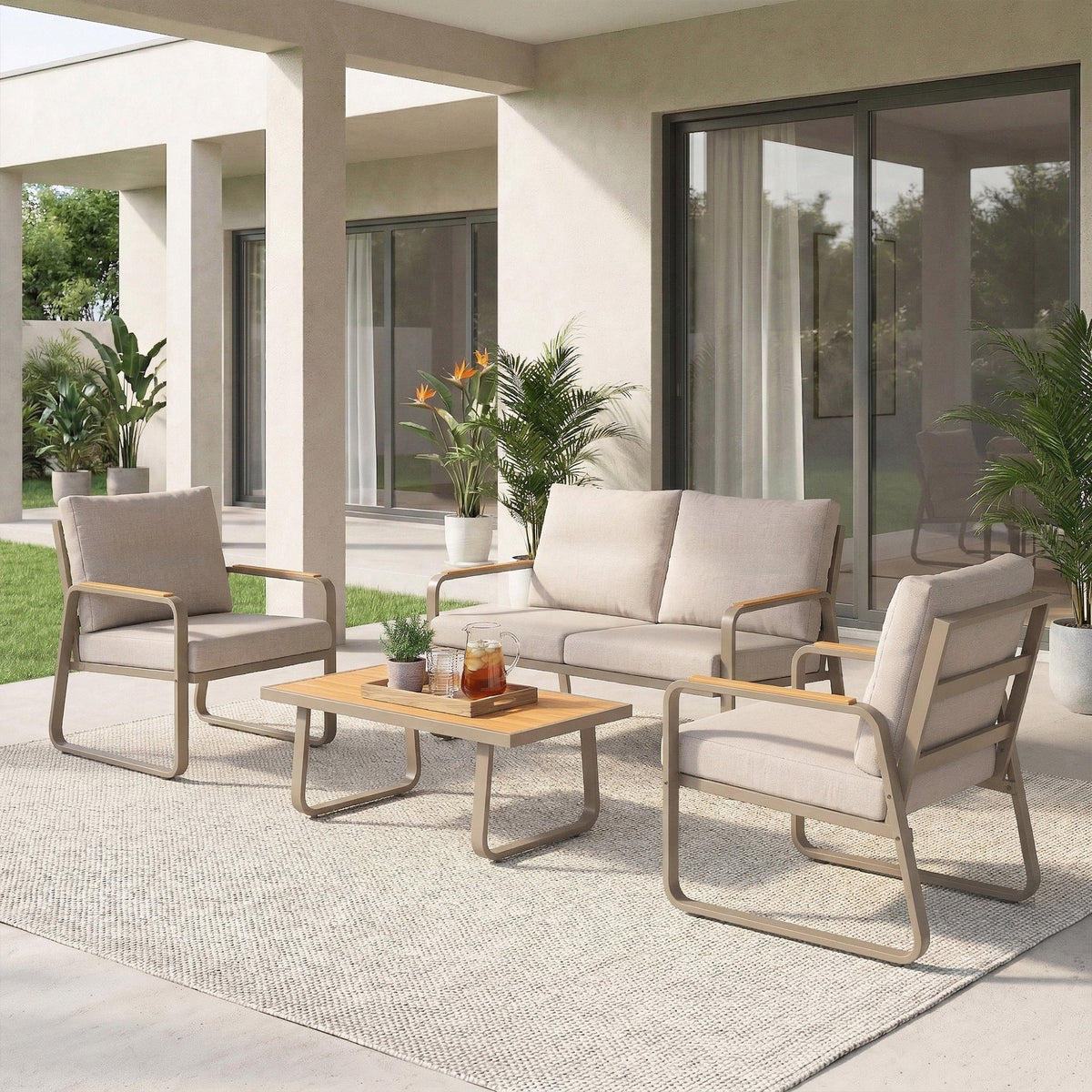 4-Piece Patio Set with Metal Frame and Cushions, Loveseat & 2 Chairs, Brown — product view 4