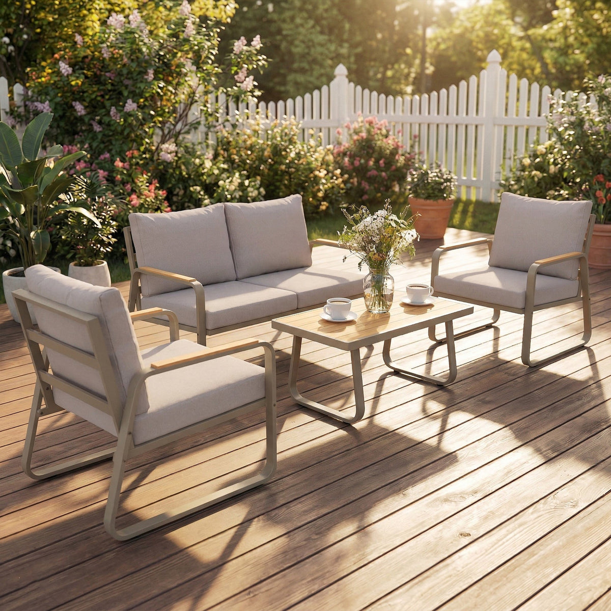 4-Piece Patio Set with Metal Frame and Cushions, Loveseat & 2 Chairs, Brown — product view 3