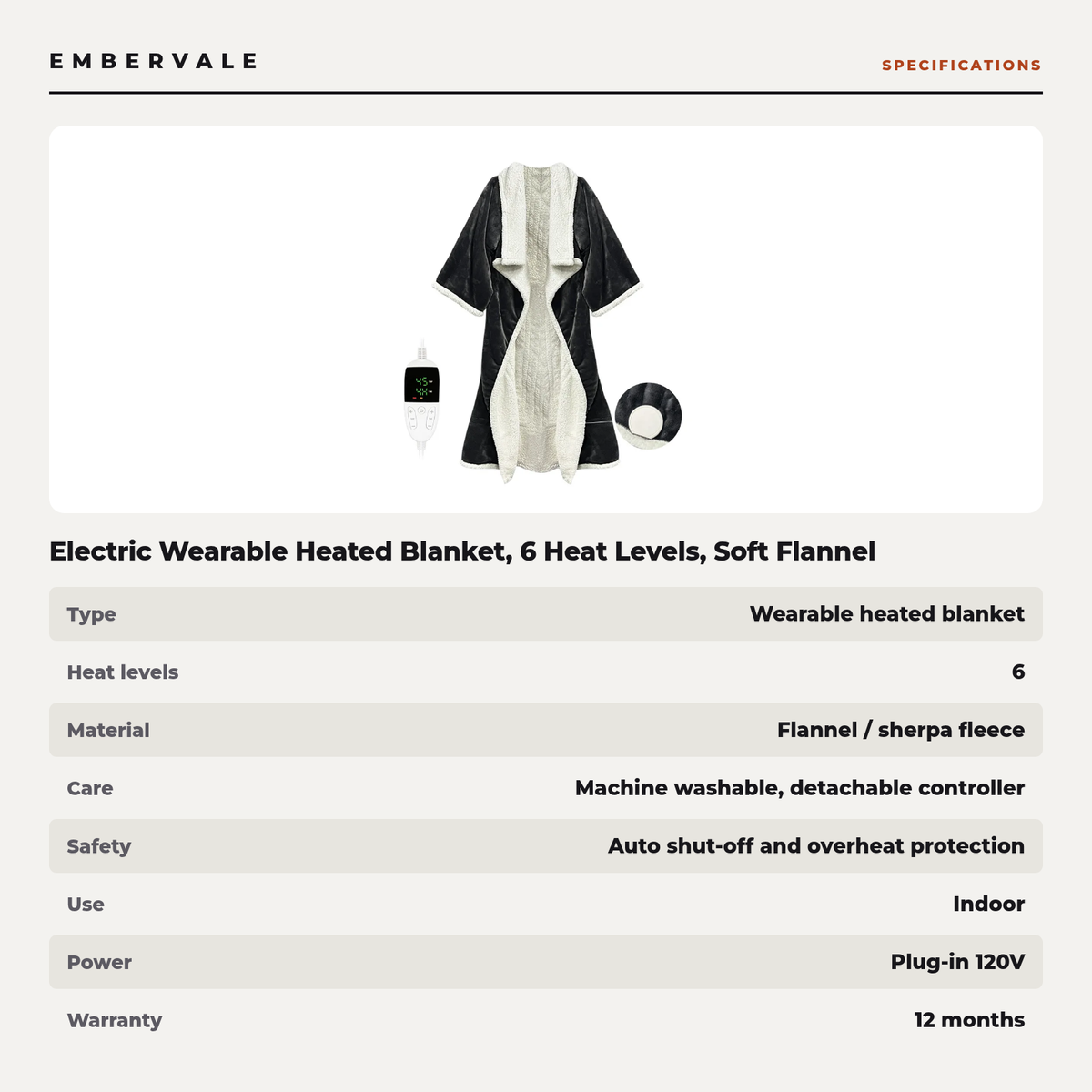 Electric Wearable Heated Blanket, 6 Heat Levels, Soft Flannel Sherpa, Auto Shut-Off and Overheat Protection for Sofa and Bed — product view 3
