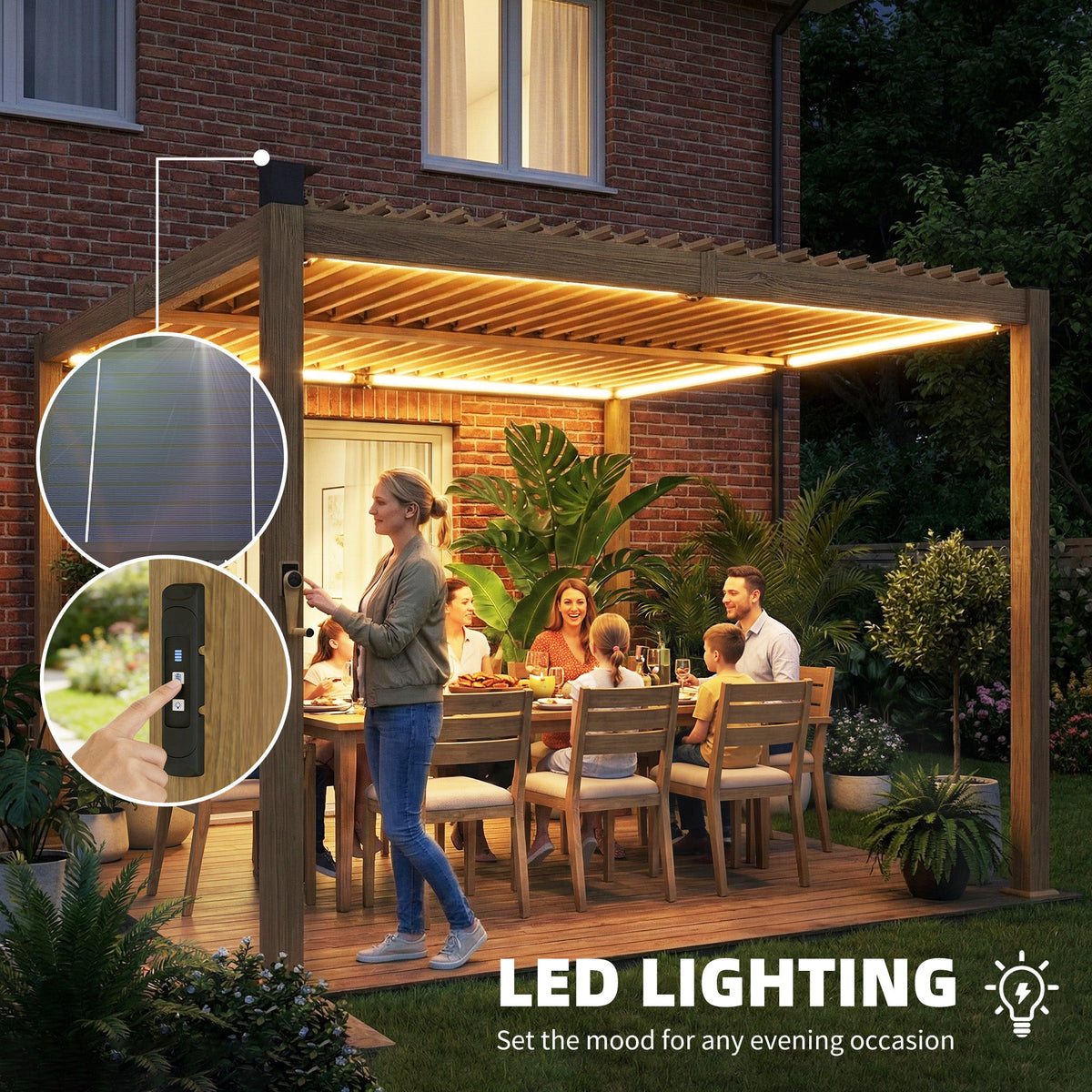 10' x 10' Louvered Pergola with Solar LED Lights and Adjustable Roof, Brown — product view 6