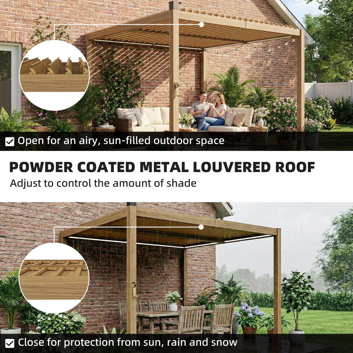 10' x 10' Louvered Pergola with Solar LED Lights and Adjustable Roof, Brown — product view 7