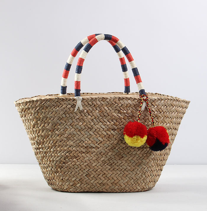 Braided beach bag with decorative pompons LoungeYard — product view 7