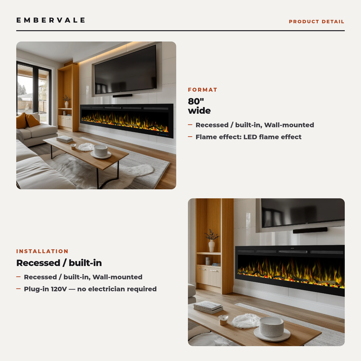 80 Inch Wall-mounted And Recessed Electric Fireplace, Multi Flame And Log Bed Colors W Smart APP Control — product view 2