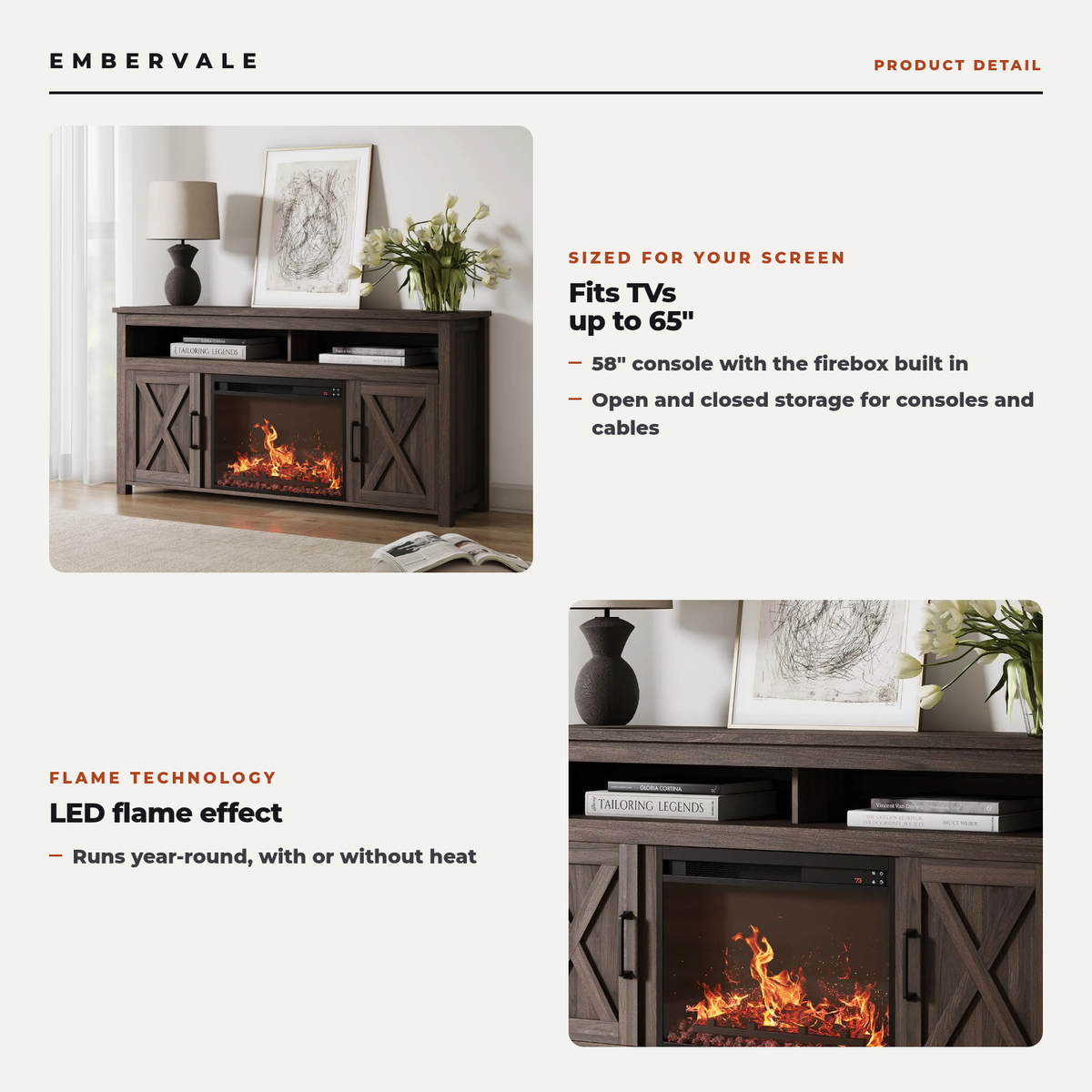 58 Inch Electric Fireplace TV Stand for TVs up to 65 Inch, 23" Firebox, Farmhouse Media Console Entertainment Center for Living Rooms — product view 2