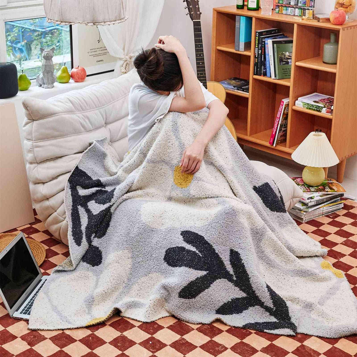 LoungeYard | Boho Floral Leaves Microfiber Knitted Throw Blanket - Soft, Cozy, and Decorative — product view 5