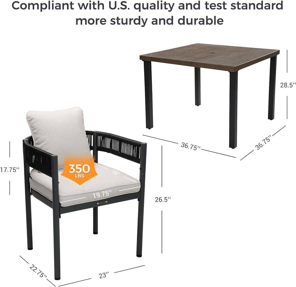 LOUNGE YARD Outdoor Dining Chair Set, Metal Woven Wicker Fixed Patio Chairs with Grey Cushions — product view 7