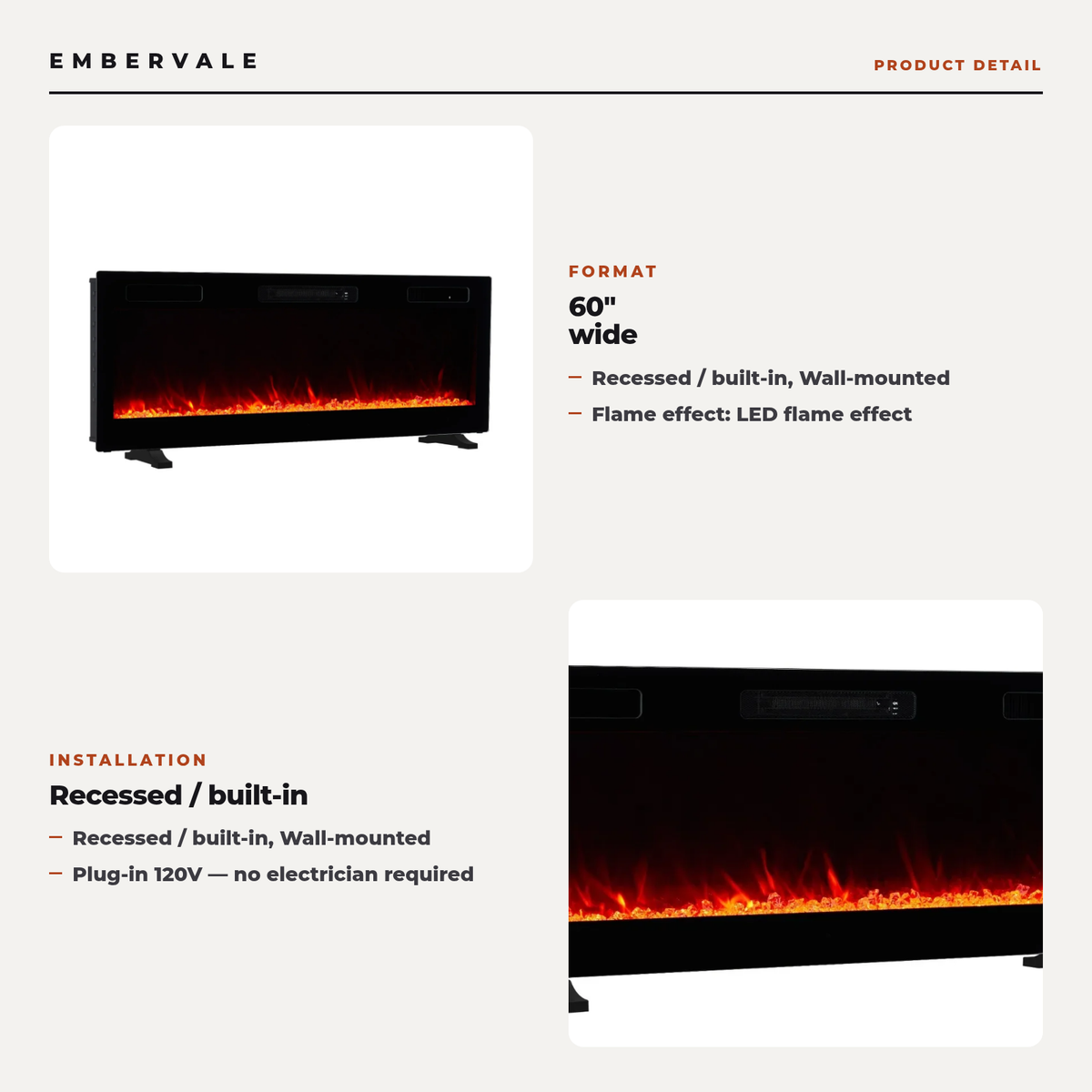 60 Inch Ultra Thin Electric Fireplace, Wall Mounted & Recessed Space Heater with Thermostat and 12 Flame Colors — product view 2