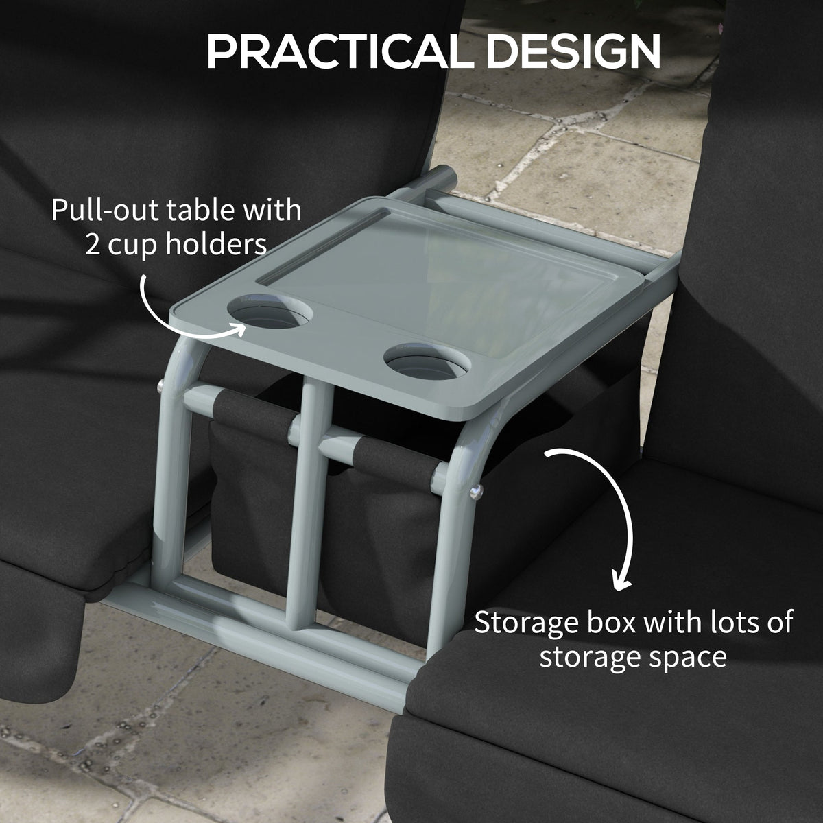 2 Person Porch Swing with Adjustable Canopy, Table and Storage Bag, Black — product view 7