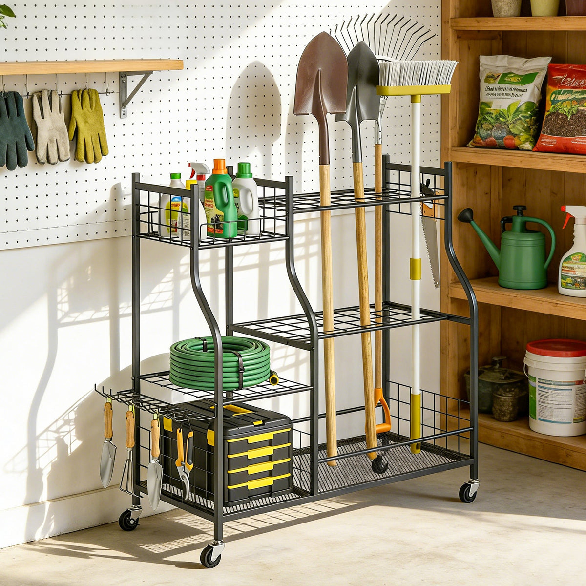 Garden Tool Organizer with 74 Slots, 4 Wheels and 11 Hooks, Black — product view 4