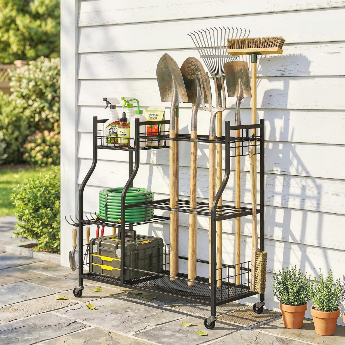 Garden Tool Organizer with 74 Slots, 4 Wheels and 11 Hooks, Black — product view 3