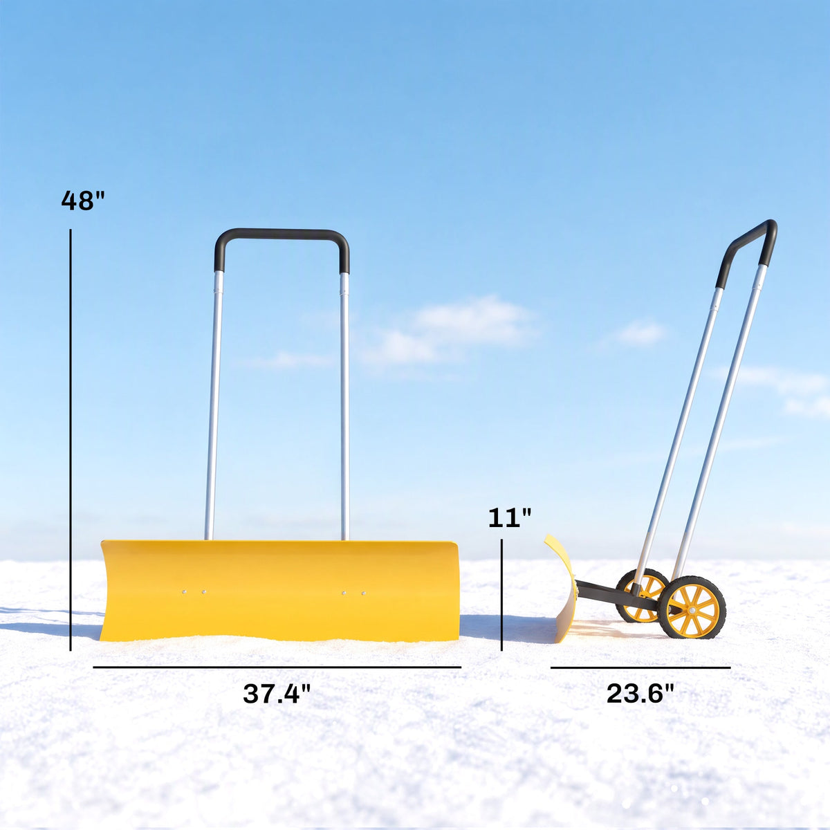37" Extra-Wide Aluminum Snow Pusher with Wheels and Ergonomic Handle, Yellow — product view 5