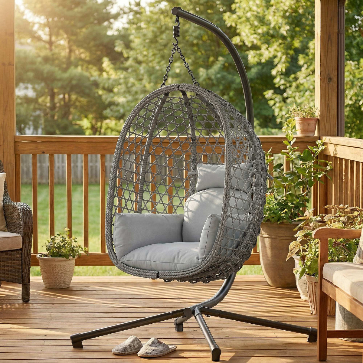 Hanging Egg Chair, Rattan with Stand, Safety Strap & Foldable Basket, Dark Grey — product view 4