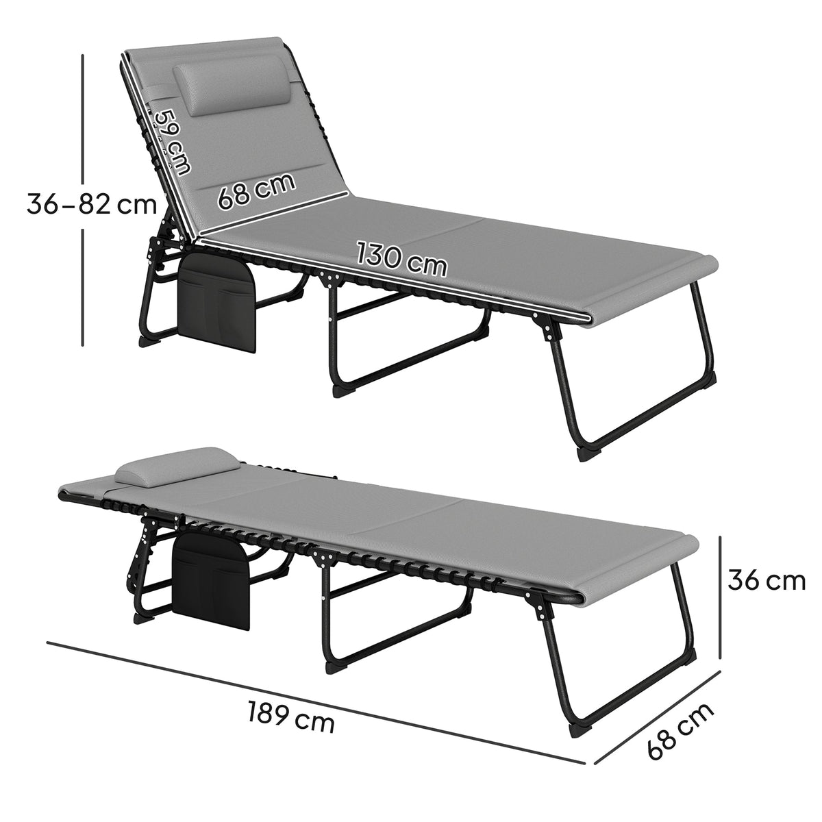 Set of 2 Folding Sun Loungers with Headrest & Side Pocket, Light Grey — product view 5