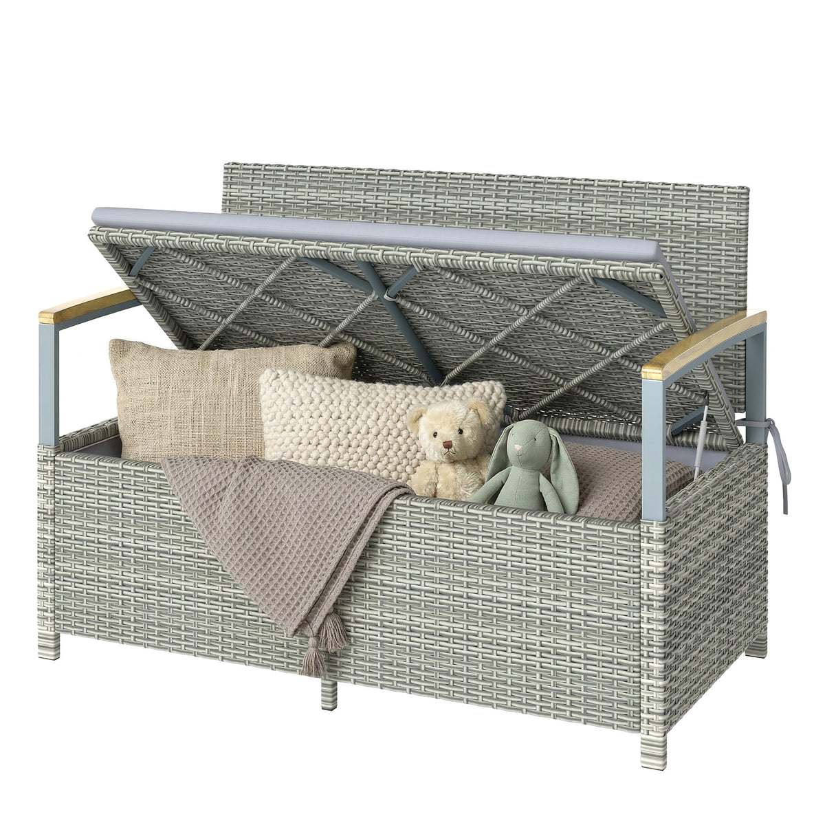 144L 2-Seater Rattan Storage Bench with Acacia Armrests & Gas Strut, Light Grey — product view 2