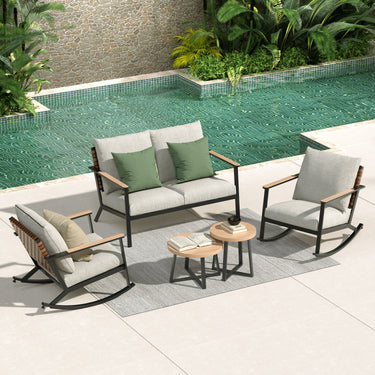 LOUNGE YARD 4-Seat Conversation Sofa Set, Outdoor Rocking Bistro Set with Thick Cushions