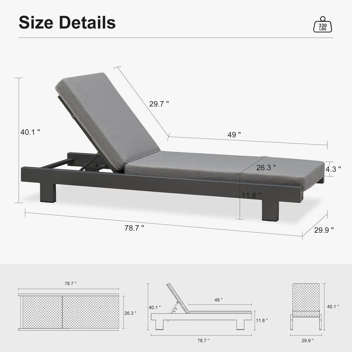 PURPLE LEAF Outdoor Standard Daybed for Patio,  Poolside Chaise Lounge Bed with Cushion, Olefin Blend Fabric, Aluminum Frame Sunbed for Deck and Backyard — product view 4