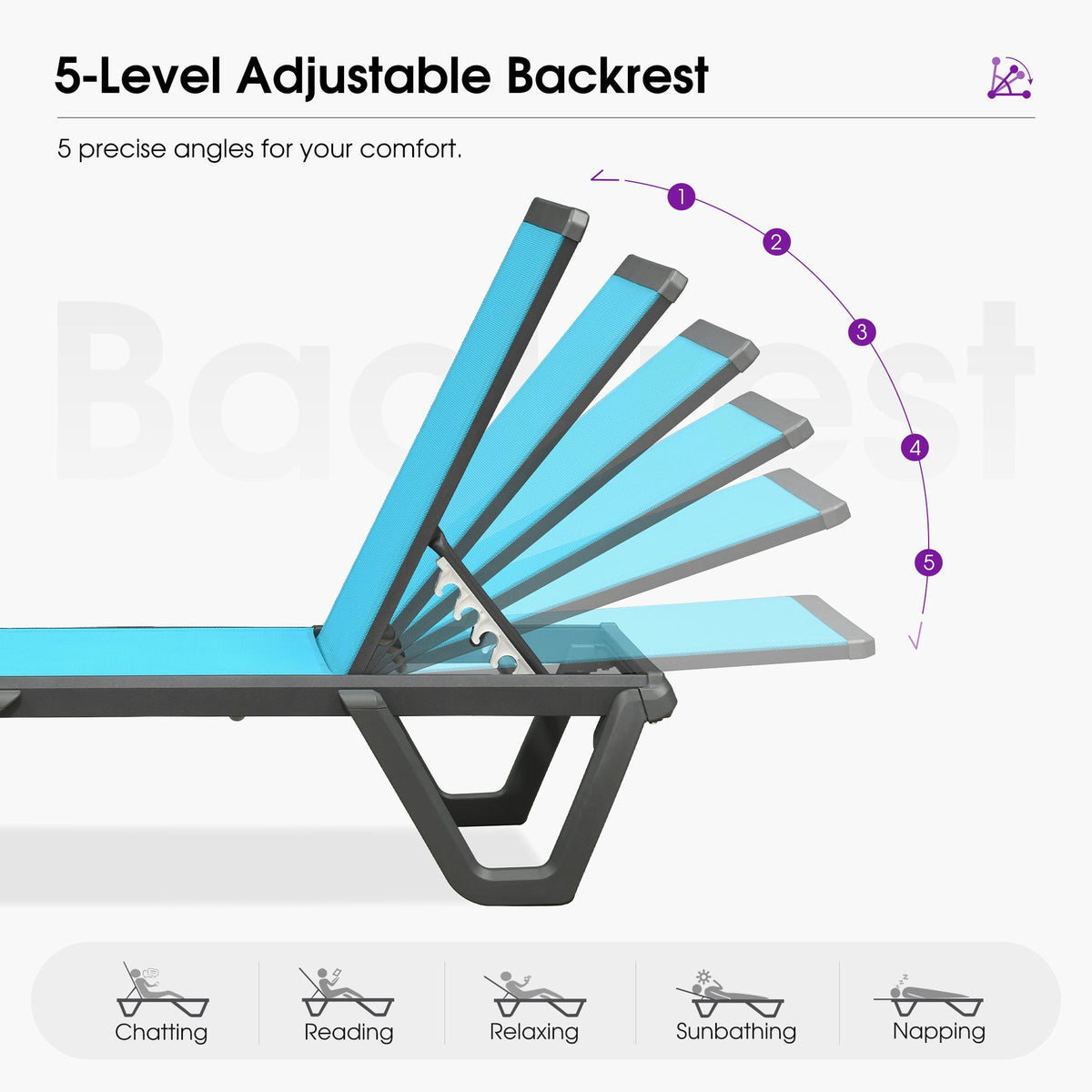 PURPLE LEAF Outdoor Chaise Lounge Patio Chair 5 Positions Adjustable Aluminum Frame with Textilene Seat Lightweight and Durable Pool Chaise Lounge for Patio Poolside Beach Yard — product view 6