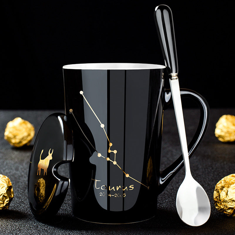 12 Constellations Black Ceramic Mug with Lid Spoon | LoungeYard — product view 7
