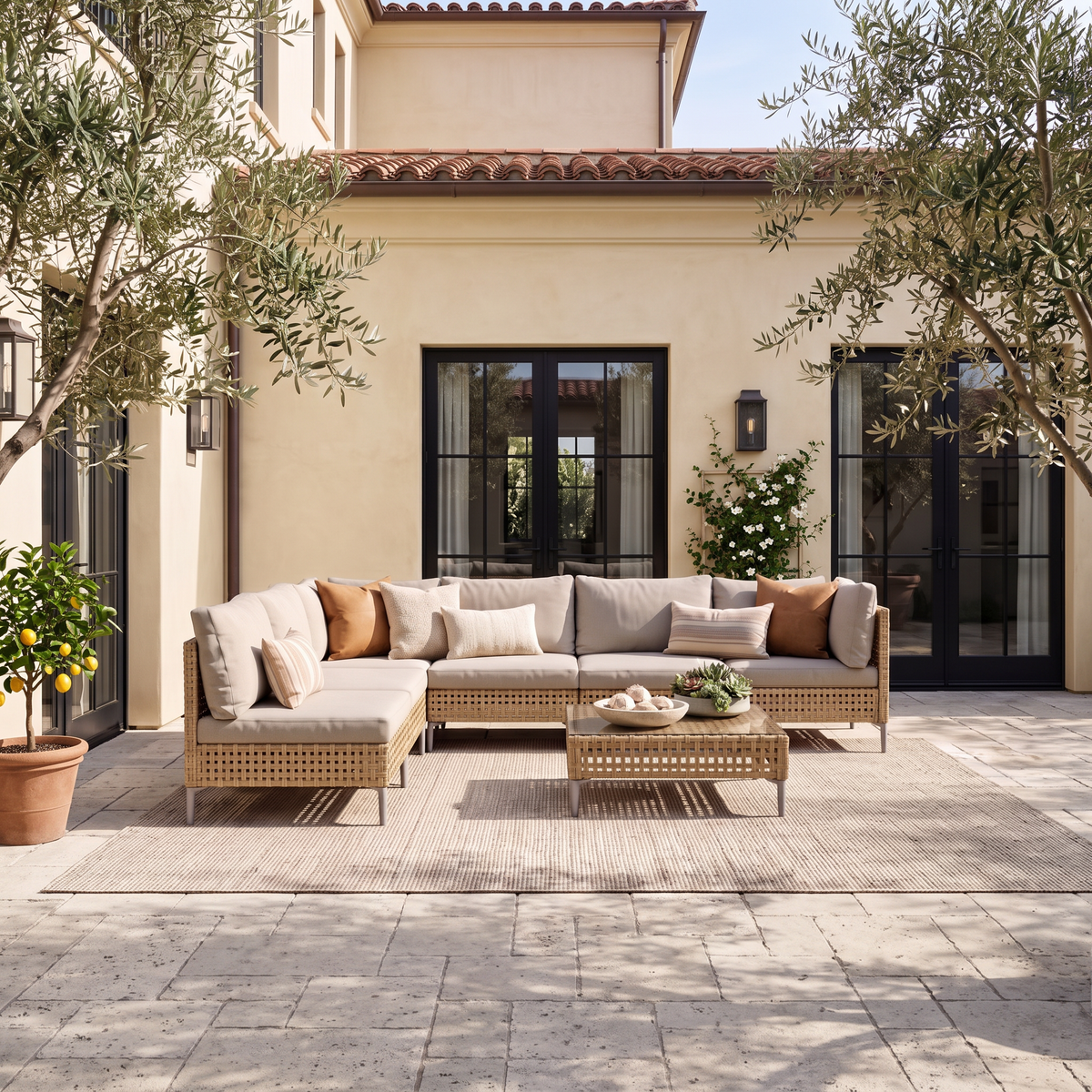 LOUNGE YARD 6-Seat Conversation Sofa Set, Wicker Outdoor Sectional with Thick Beige Cushions — product view 4