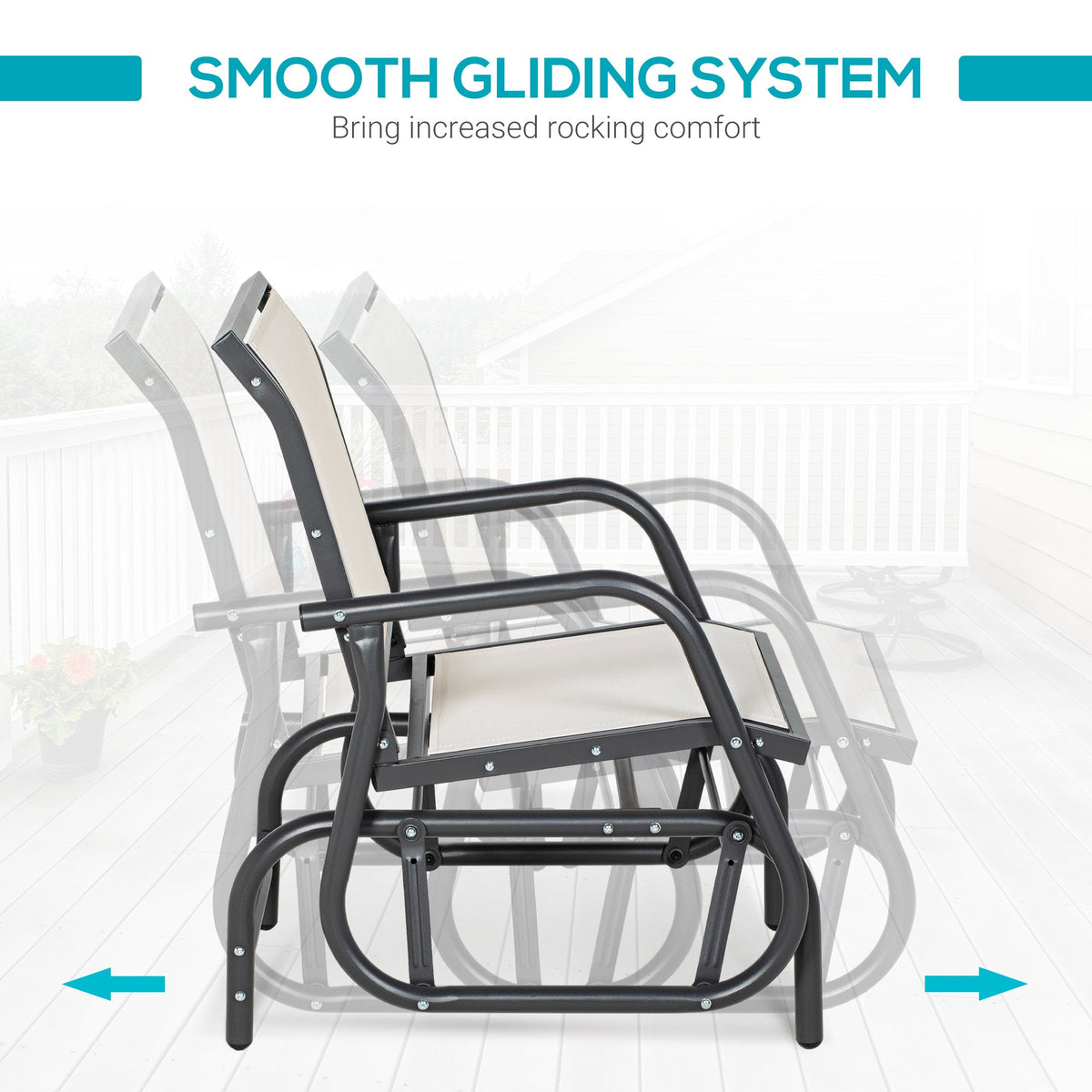 Porch Glider Chair with Mesh Fabric, Curved Armrests and Steel Frame, Cream White — product view 6