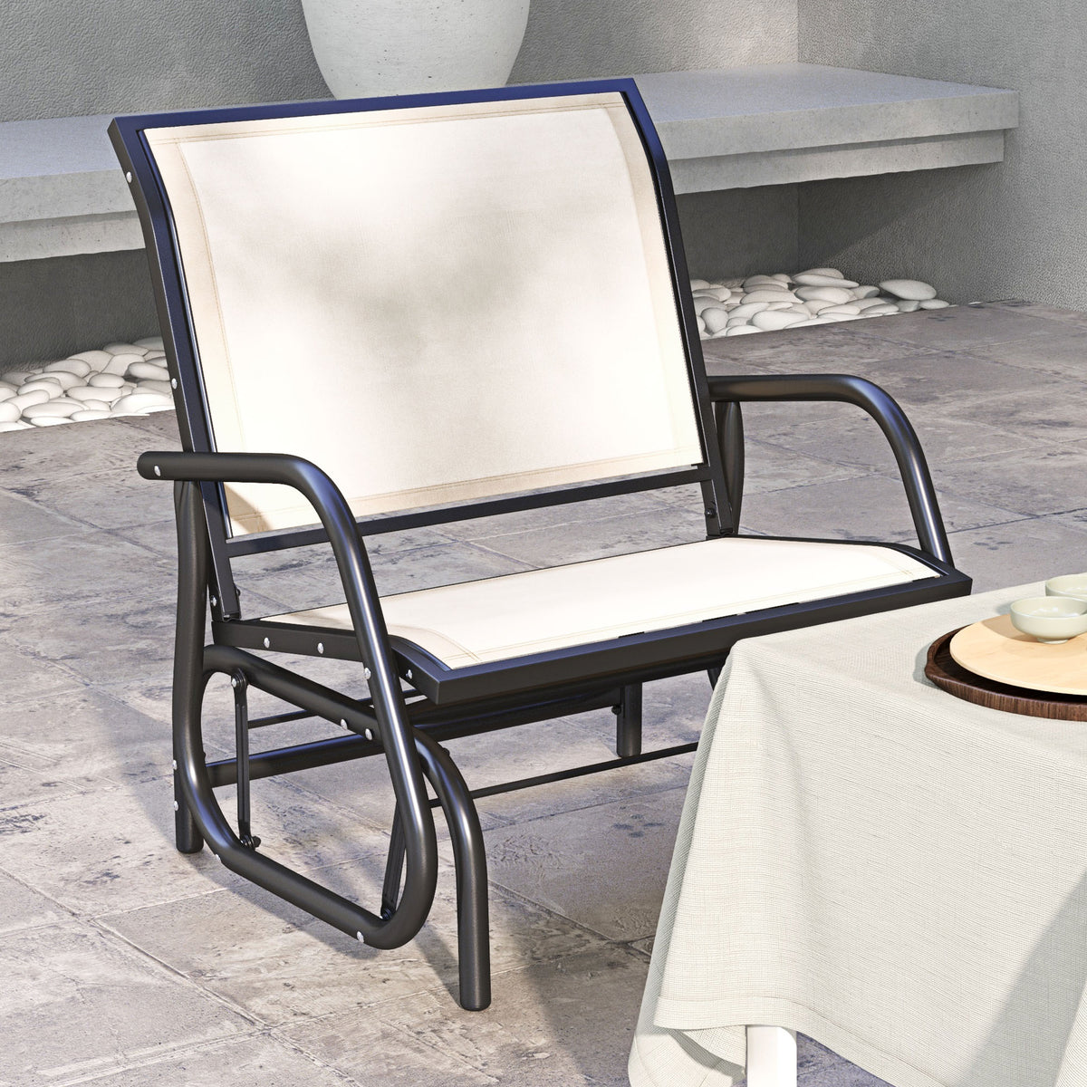 Porch Glider Chair with Mesh Fabric, Curved Armrests and Steel Frame, Cream White — product view 4