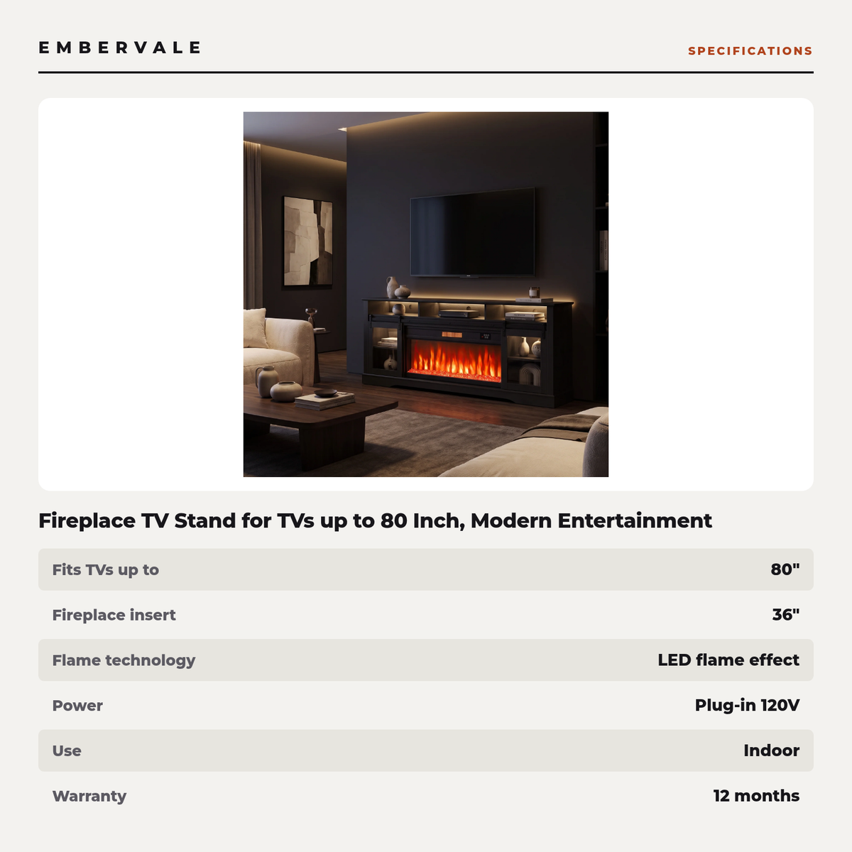 Fireplace TV Stand for TVs up to 80 Inch, Modern Entertainment Center with 36 Inch Glass Electric Fireplace & LED Lights, Black — product view 4