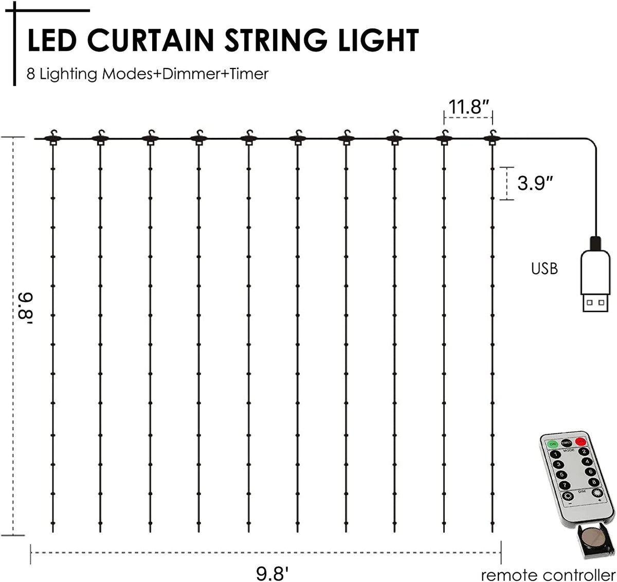 LOUNGE YARD Curtain String Lights 300LED with 8 Modes USB Powered Fairy Lights Christmas Lights for Bedroom Home Décor — product view 5