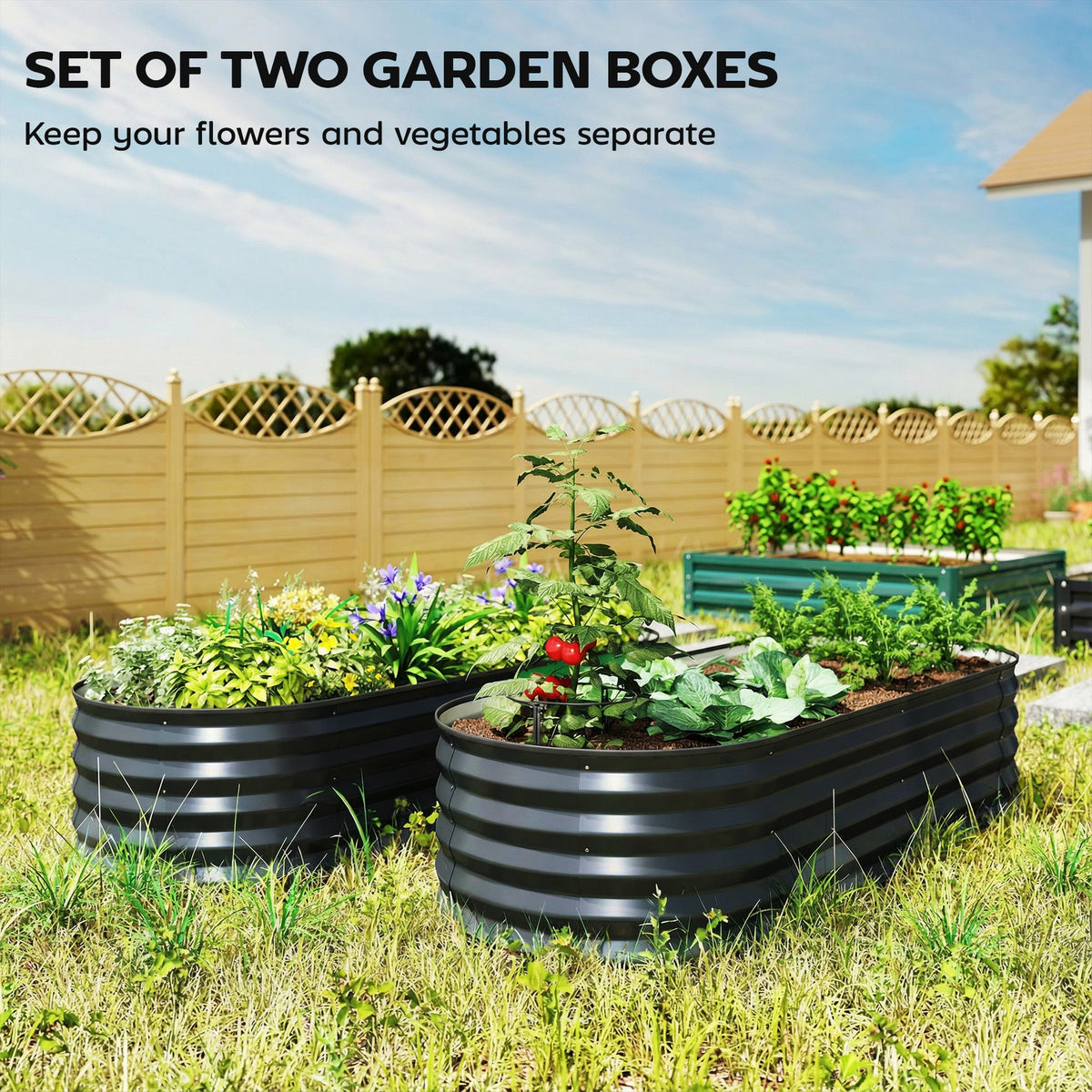 Set of 2 Galvanised Raised Beds with Stakes, 150 x 60 x 30 cm, Dark Grey — product view 6