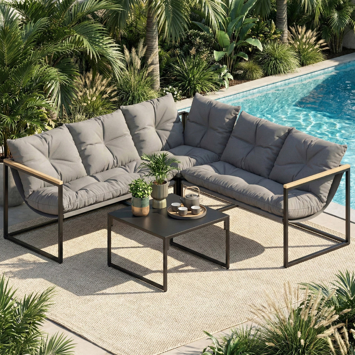 4 Piece Garden Furniture Set with Coffee Table and Thick Cushions, Grey — product view 4