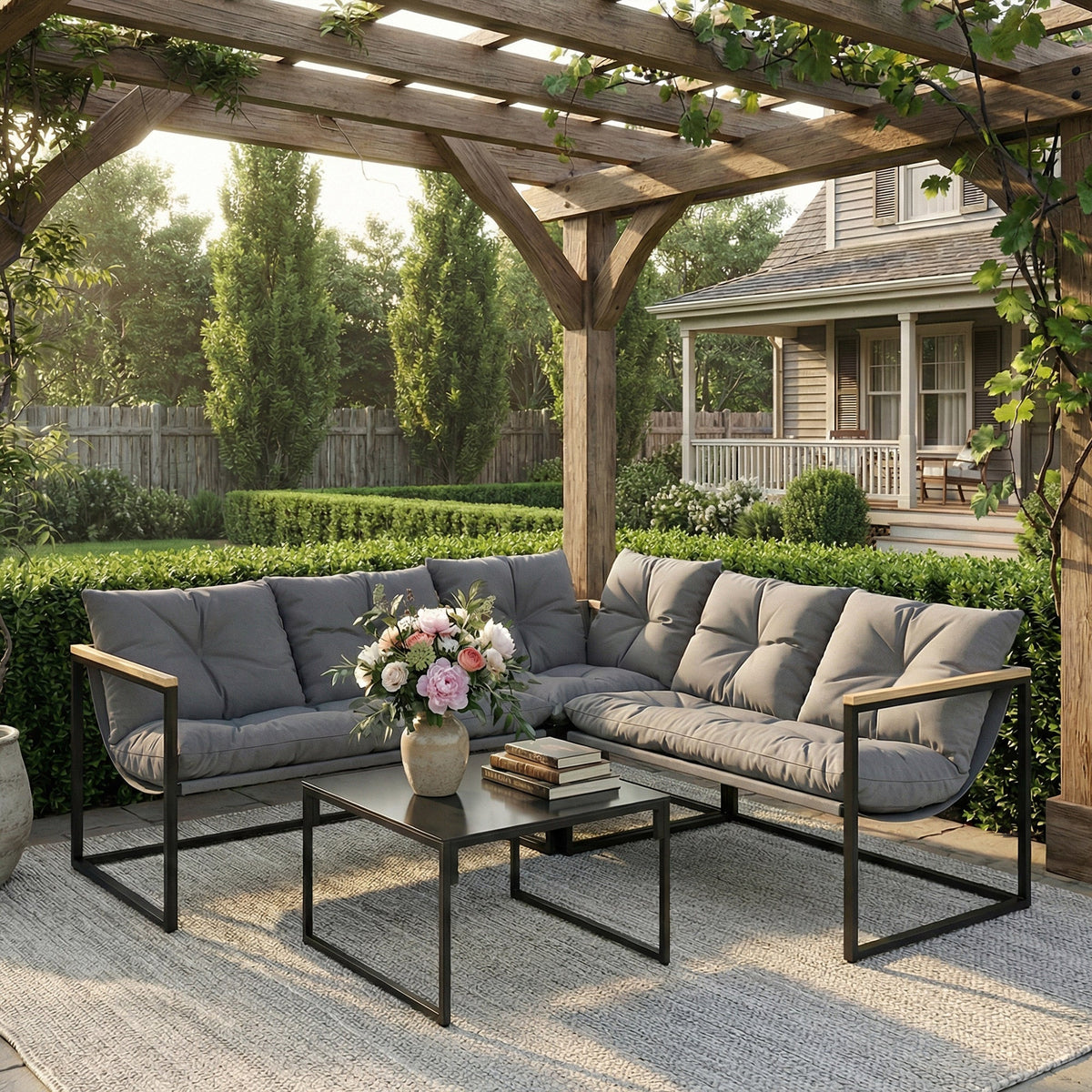4 Piece Garden Furniture Set with Coffee Table and Thick Cushions, Grey — product view 3