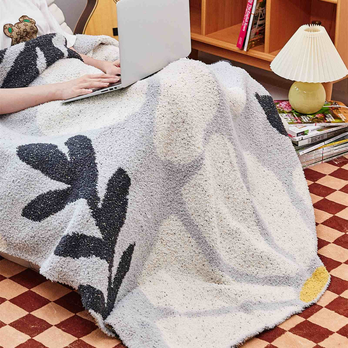 LoungeYard | Boho Floral Leaves Microfiber Knitted Throw Blanket - Soft, Cozy, and Decorative — product view 4