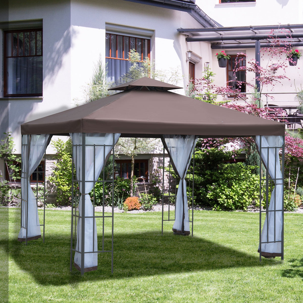3 x 3m Patio Gazebo with 2 Tier Roof & Mosquito Netting, Coffee — product view 4