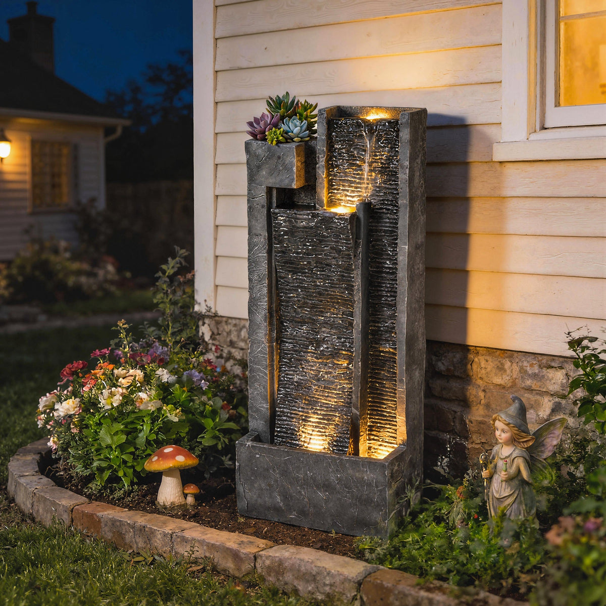 3-Tier Water Feature with LED Lights, Planter and Pump, Dark Grey — product view 3