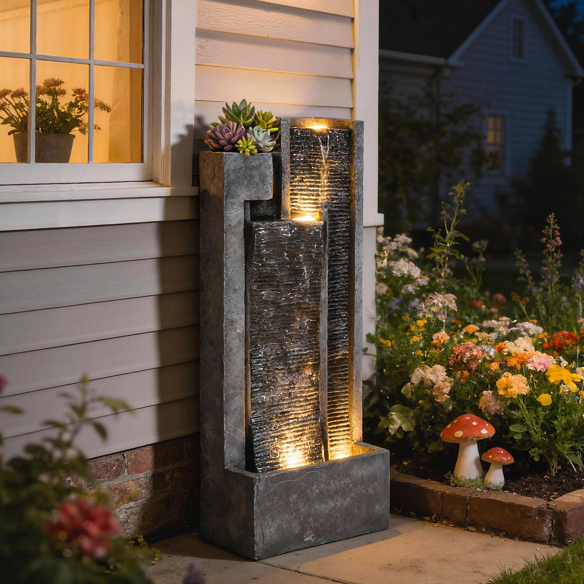 3-Tier Water Feature with LED Lights, Planter and Pump, Dark Grey — product view 4