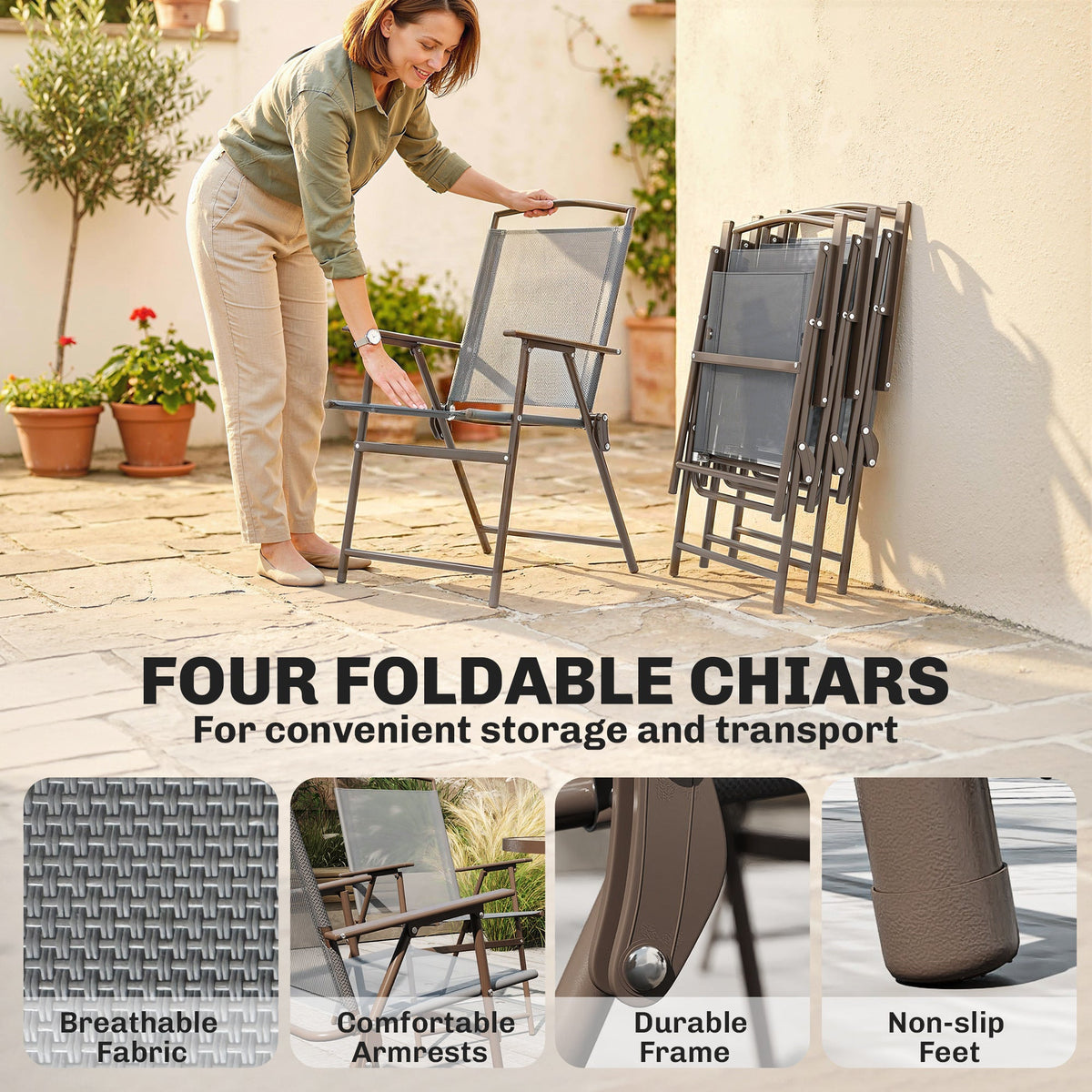 6 Piece Garden Dining Set with Umbrella and Folding Chairs, Dark Grey — product view 7