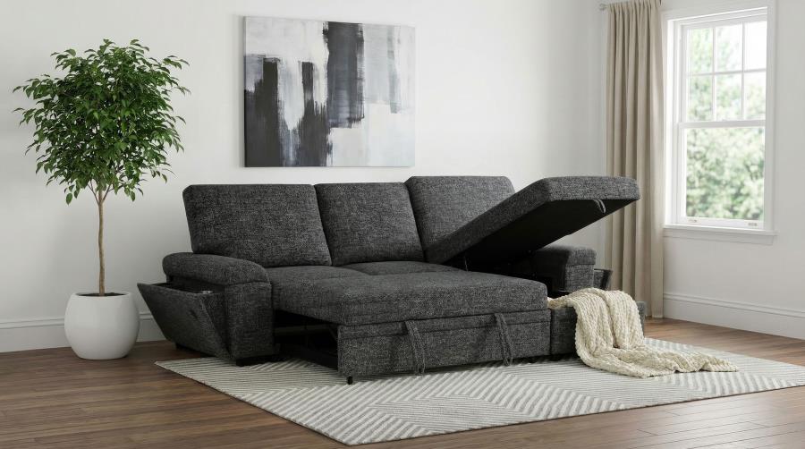 Demko Granite Linen-Like Fabric Sleeper Sectional Sofa with Storage Chaise, Bluetooth & USB Charging – 500355 — product view 3