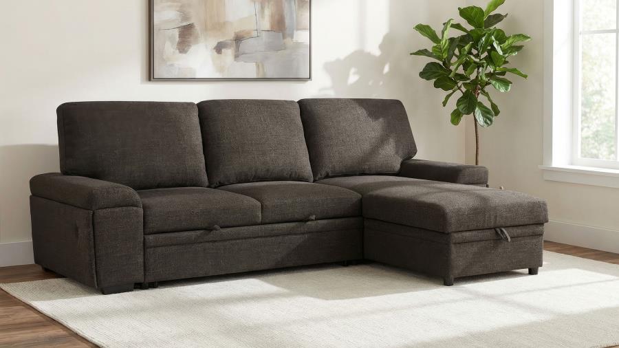 Demko Brown Linen-Like Fabric Sleeper Sectional Sofa with Storage Chaise, Bluetooth & USB Charging – 500356 — product view 1