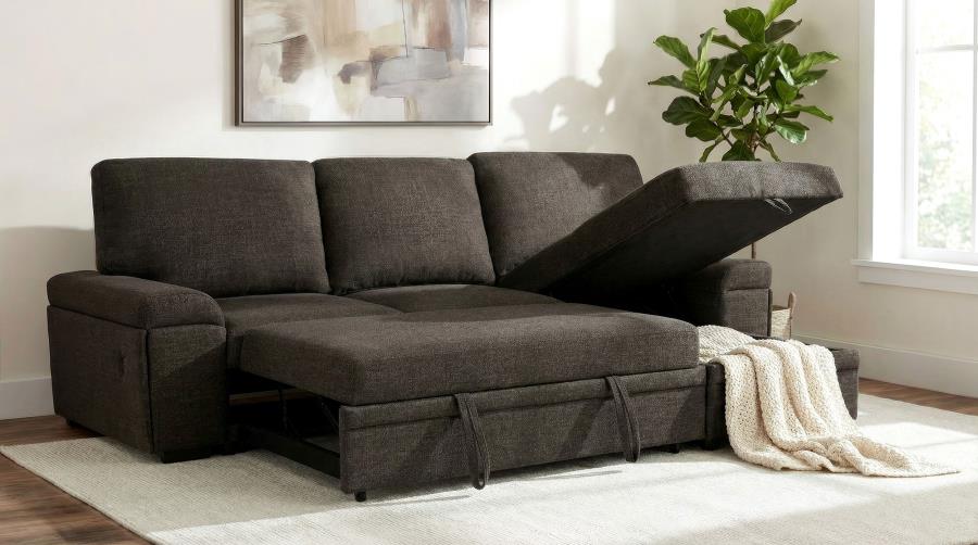 Demko Brown Linen-Like Fabric Sleeper Sectional Sofa with Storage Chaise, Bluetooth & USB Charging – 500356 — product view 2