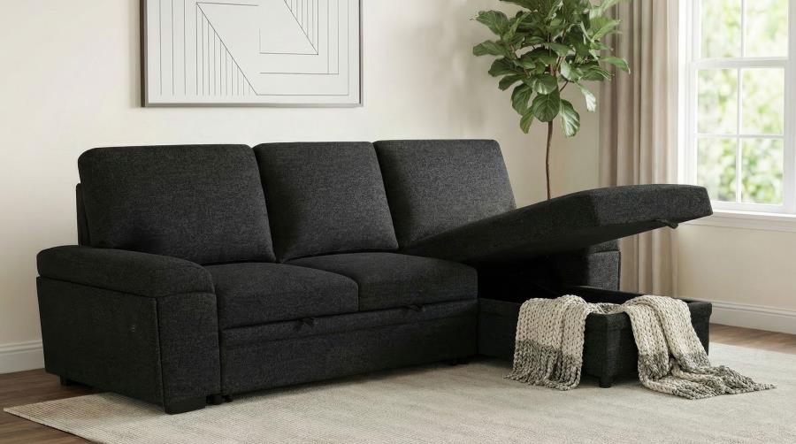 Demko Black Linen-Like Fabric Sleeper Sectional Sofa with Storage Chaise, Bluetooth & USB Charging – 500357 — product view 2